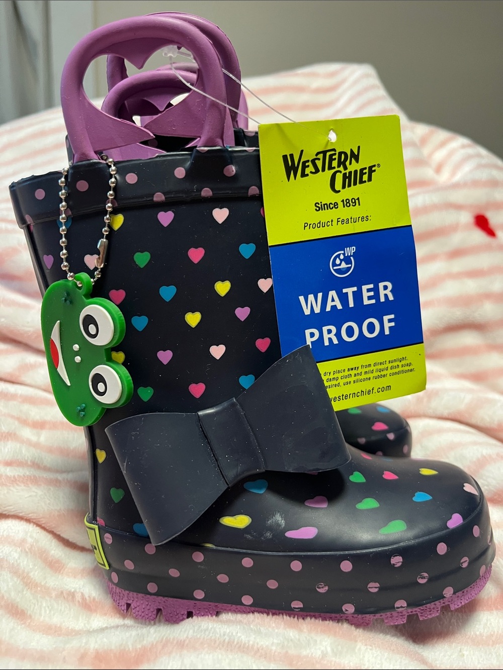 Western Chief Navy Kids Rain Boots with Multicolor Hearts and Purple Handles